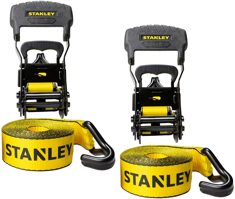 STANLEY S1007 Black/Yellow 1.5 x 16' Ratchet Tie Down Straps - Heavy Cargo  Securing (3,300 lbs Break Strength), 2 Pack